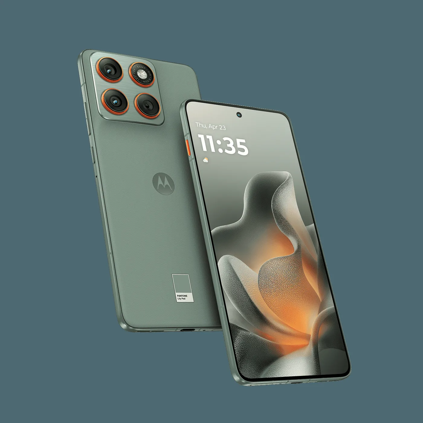 Motorola Edge 70 in PANTONE Bronze Green, showing its slim profile