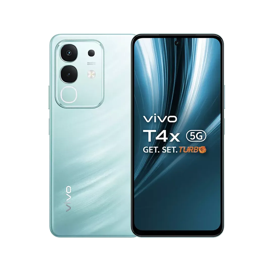 Vivo T4x 8GB 256GB smartphone in Marine Blue on a wooden desk with charging cable